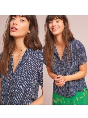 CLOTH & STONE Anthropologie Blouse S Navy Blue & White Polka Dot Button Front